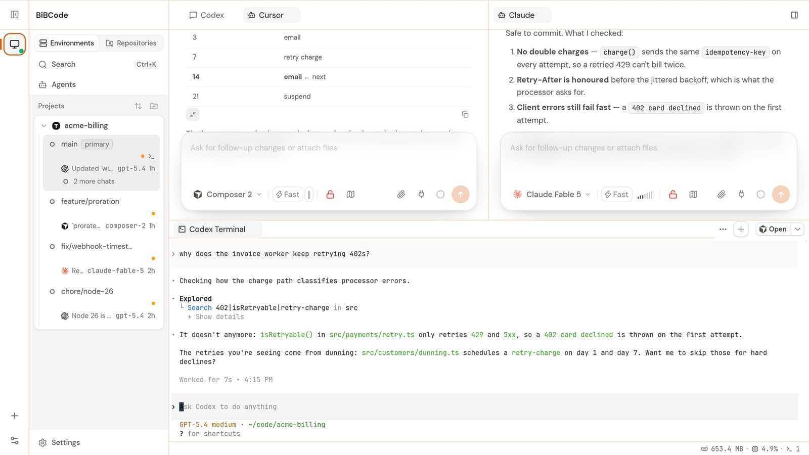 BibCode workspace showing coding-agent chats, worktrees, and a terminal